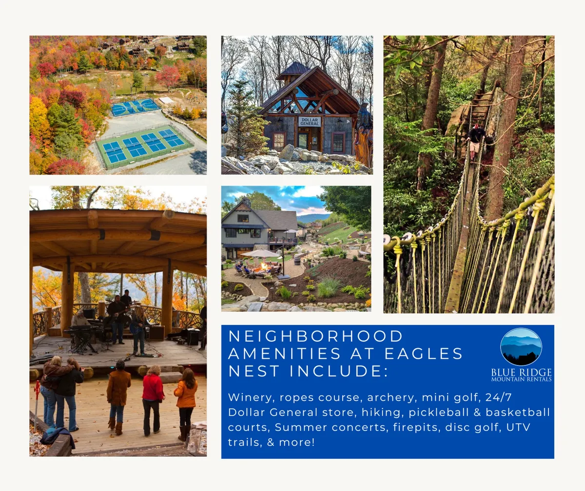 This vibrant exterior scene captures the heart of community adventure at Eagles Nest, featuring the ropes course, mini golf area, an outdoor performance stage, and community gathering spaces. Guests are seen engaging in activities like hiking, archery, and mini-golf, with families enjoying the lively ambiance. The fire pit and scenic background reflect the communal, outdoor-focused spirit of the property.